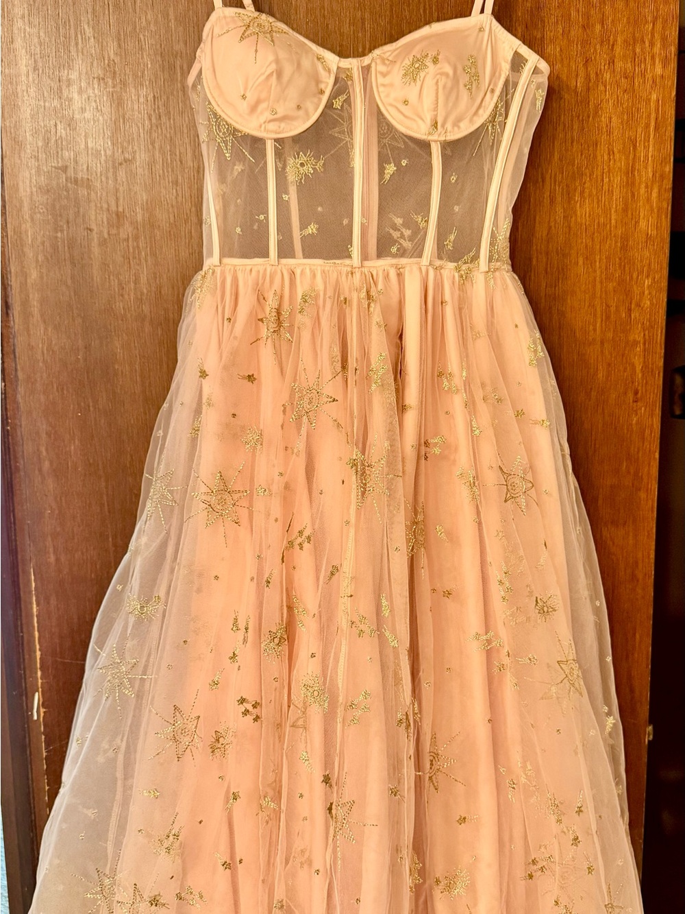 Lurelly Pink Tulle Midi Dress with Gold Star Embroidery